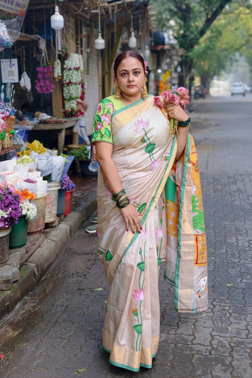 Upada Silk Pichwai Saree | Rajasthani Jharokha with Golden Motifs
