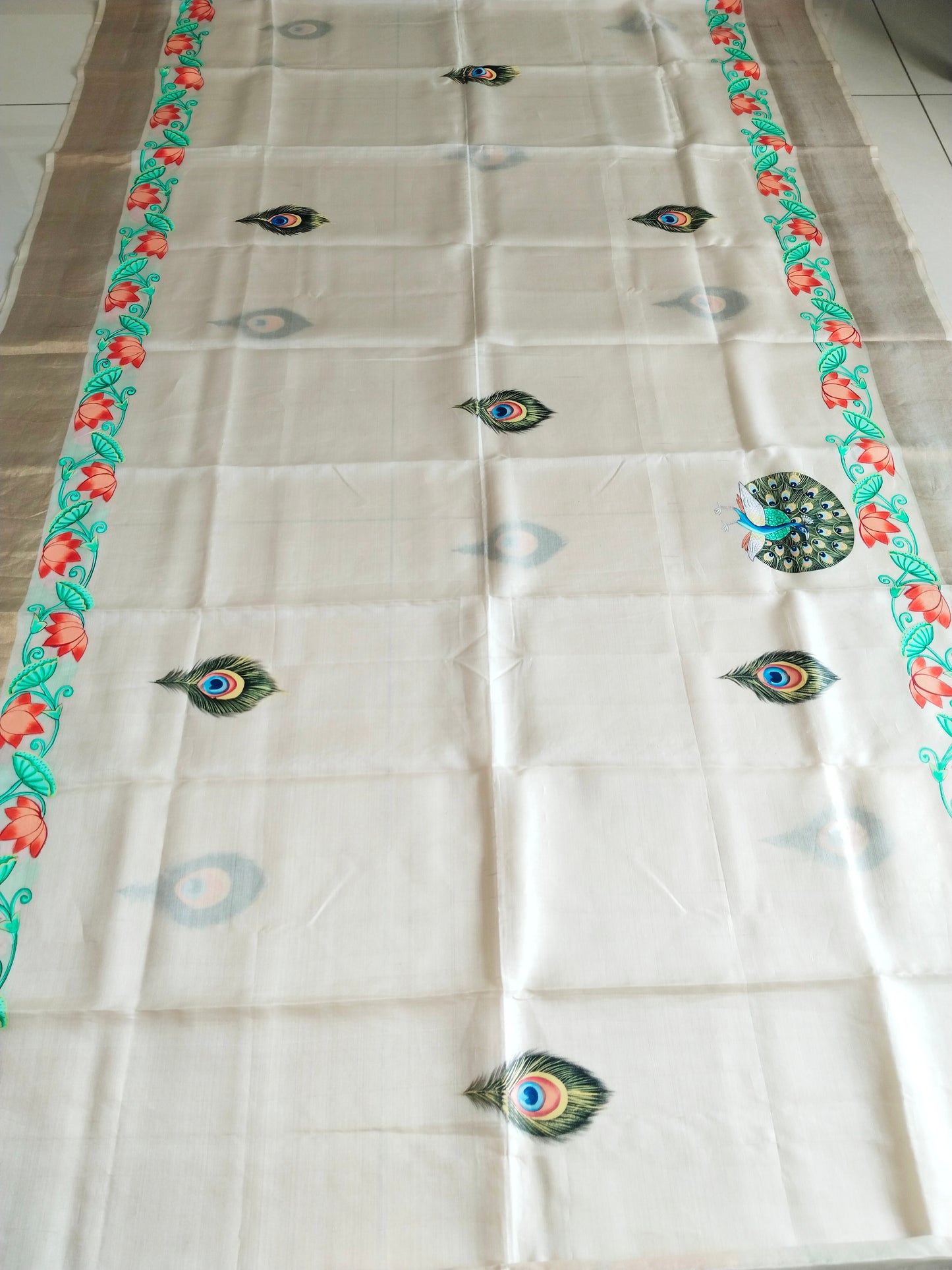 Pure Tassar Silk Pichwai Saree - Krishna Playing Flute on Lotus