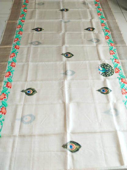 Pure Tassar Silk Pichwai Saree - Krishna Playing Flute on Lotus