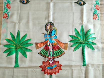 Pure Tassar Silk Pichwai Saree - Krishna Playing Flute on Lotus