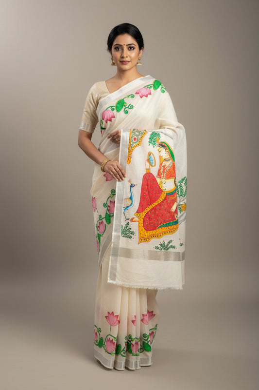 Kerala Cotton Saree with Hand-Painted Rajasthani Ragini Artwork
