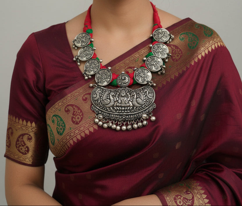 Oxidized German Silver Goddess Laxmi pendant thread Necklace Set