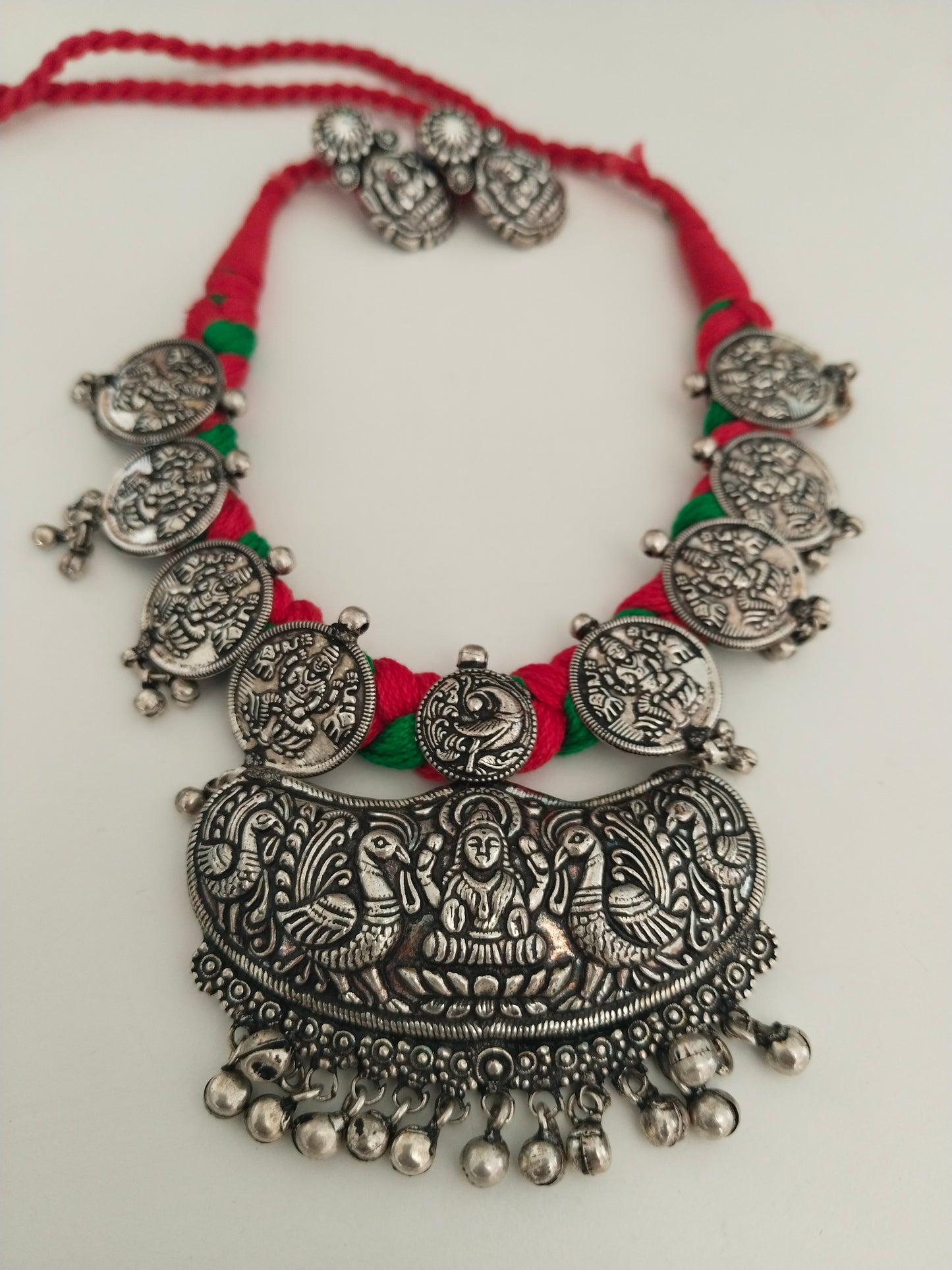 Oxidized German Silver Goddess Laxmi pendant thread Necklace Set