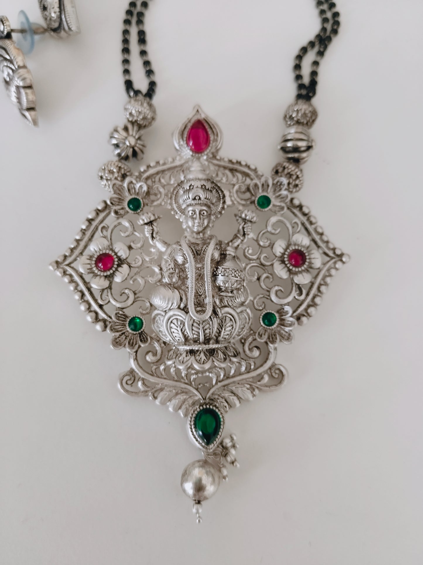 Ethnic Goddess Laxmi Mangalsutra Necklace in Oxidized Silver with earrings
