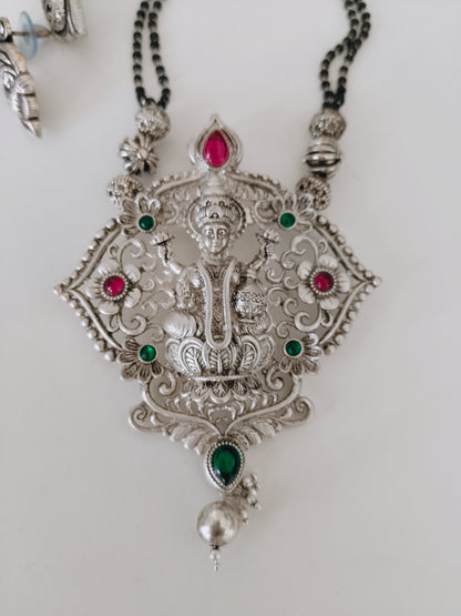 Ethnic Goddess Laxmi Mangalsutra Necklace in Oxidized Silver with earrings