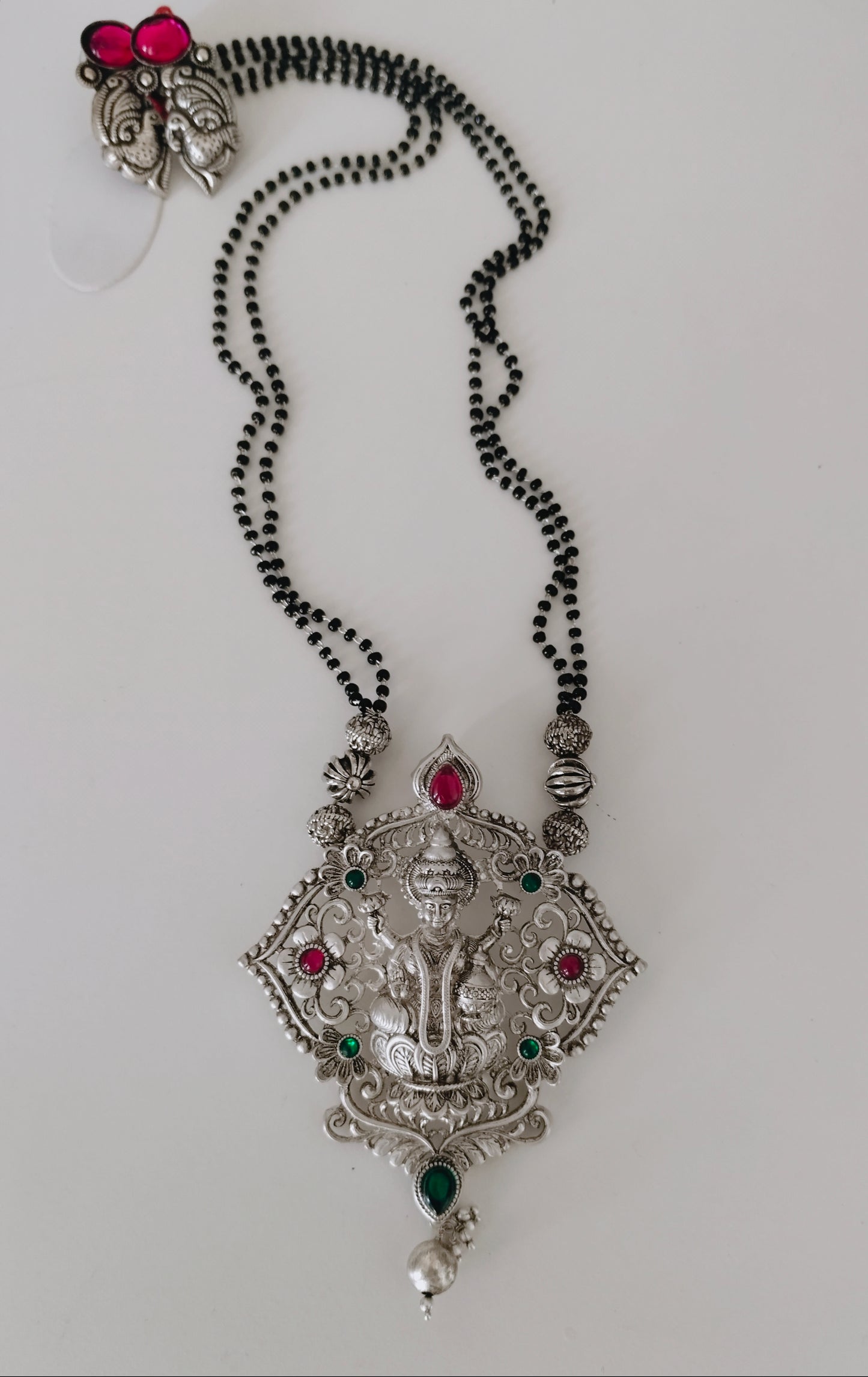Ethnic Goddess Laxmi Mangalsutra Necklace in Oxidized Silver with earrings