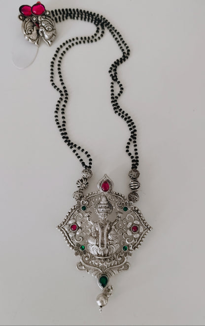 Ethnic Goddess Laxmi Mangalsutra Necklace in Oxidized Silver with earrings