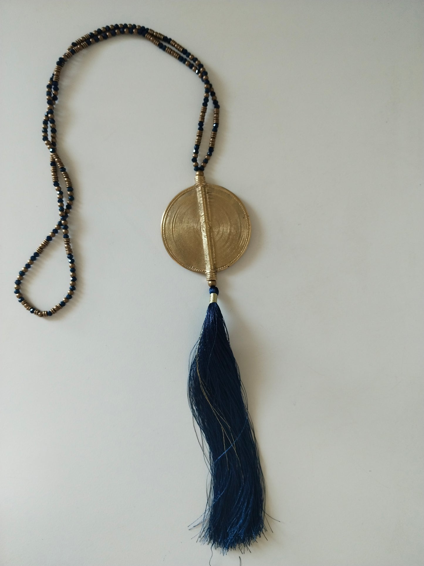 Dark Blue Tassel Necklace with Brass Coin Pendant