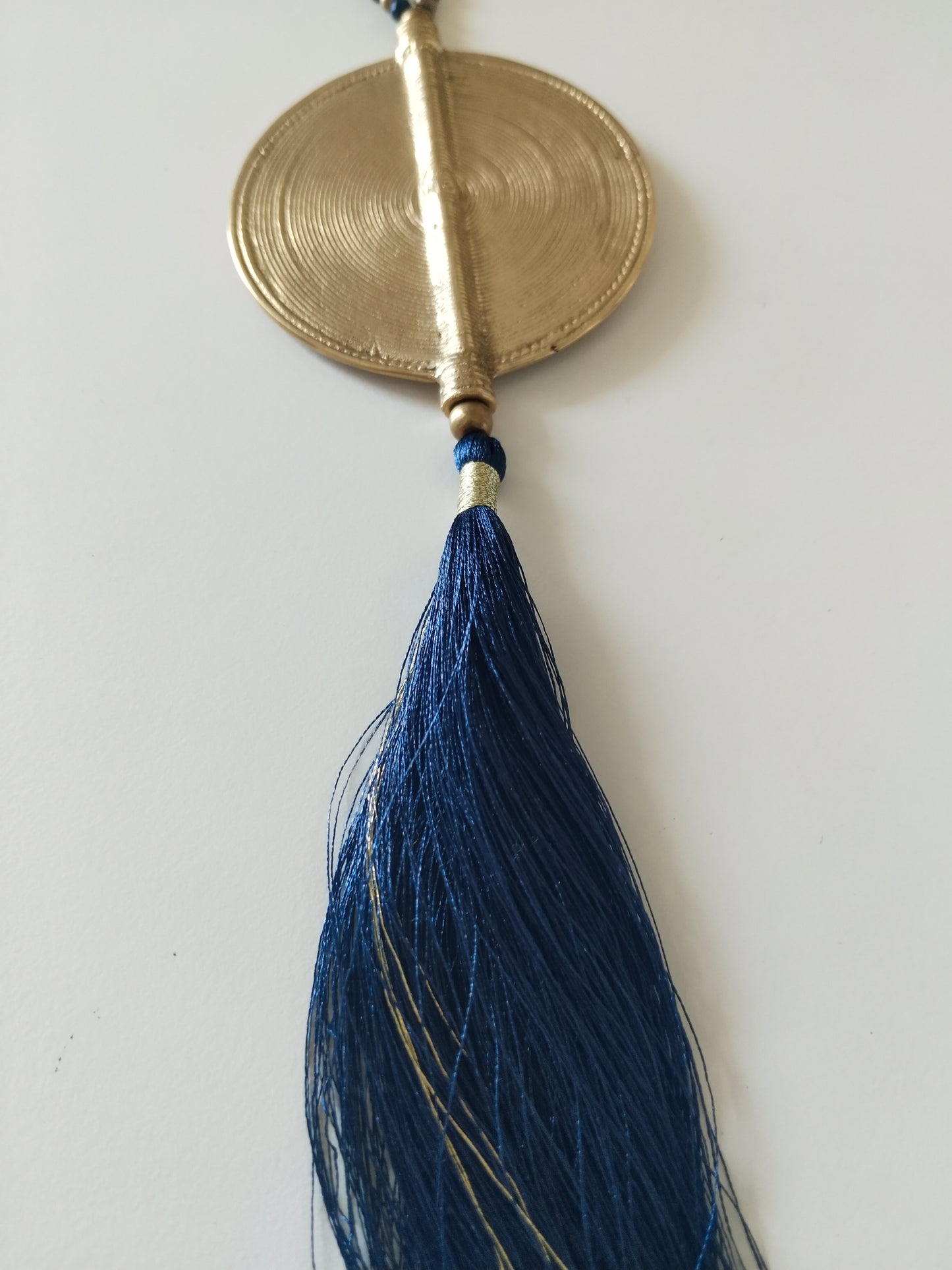 Dark Blue Tassel Necklace with Brass Coin Pendant