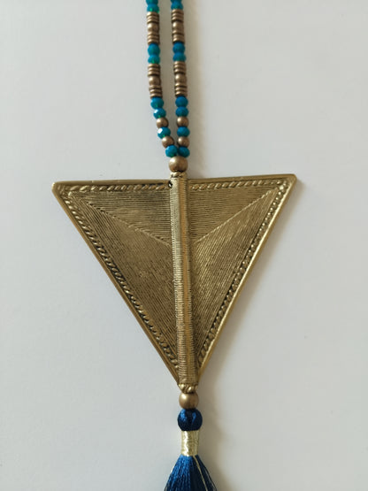Dark Blue Tassel Necklace with Inverted Triangular Pendant
