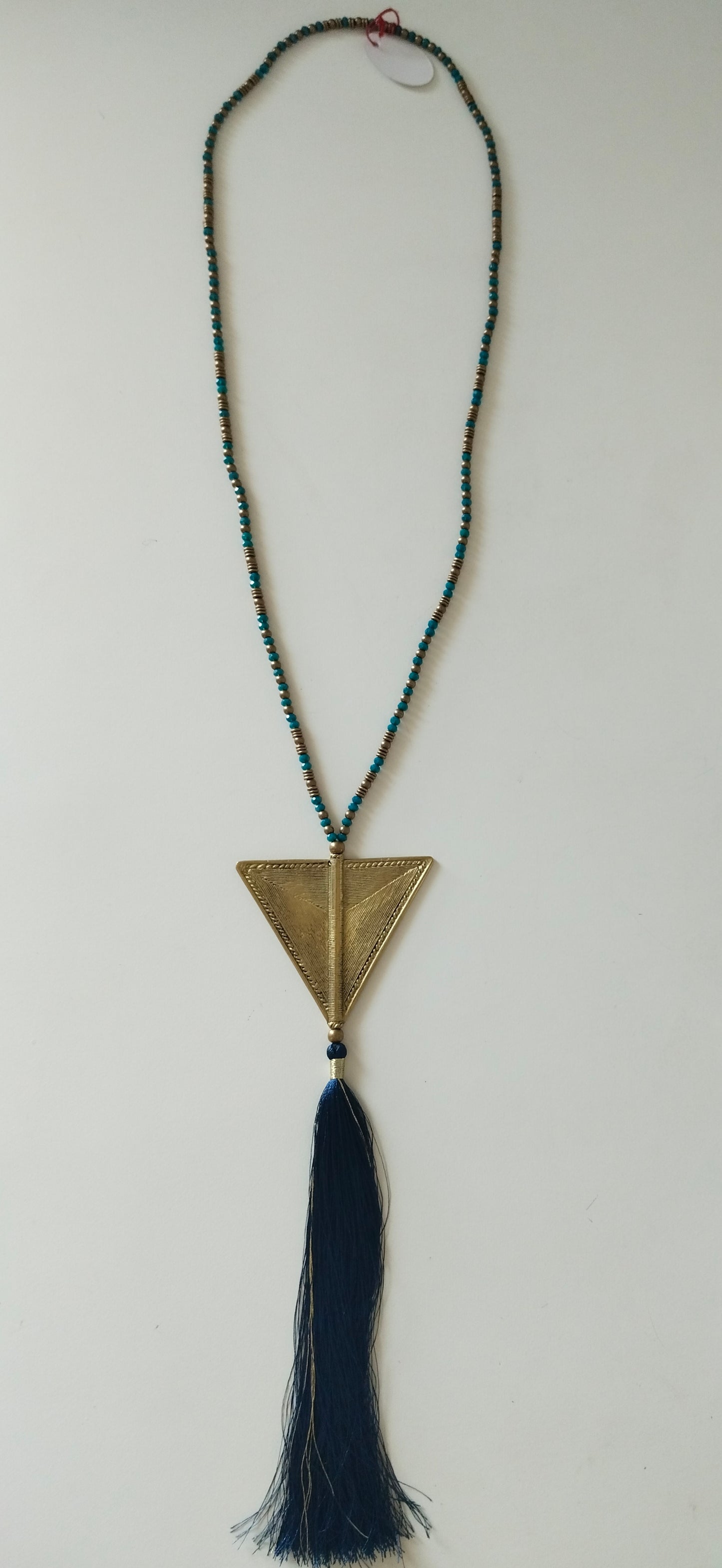 Dark Blue Tassel Necklace with Inverted Triangular Pendant