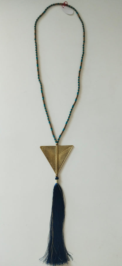 Dark Blue Tassel Necklace with Inverted Triangular Pendant