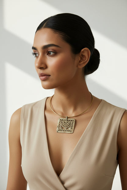 Dhokra Brass Hoop Necklace with Square Filigree Artwork Pendant
