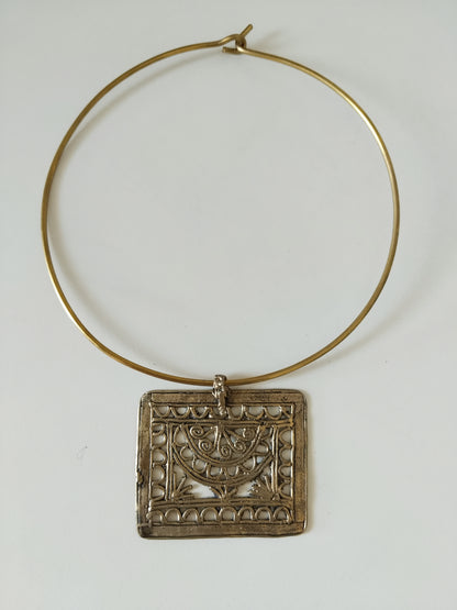 Dhokra Brass Hoop Necklace with Square Filigree Artwork Pendant