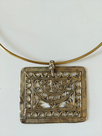 Dhokra Brass Hoop Necklace with Square Filigree Artwork Pendant