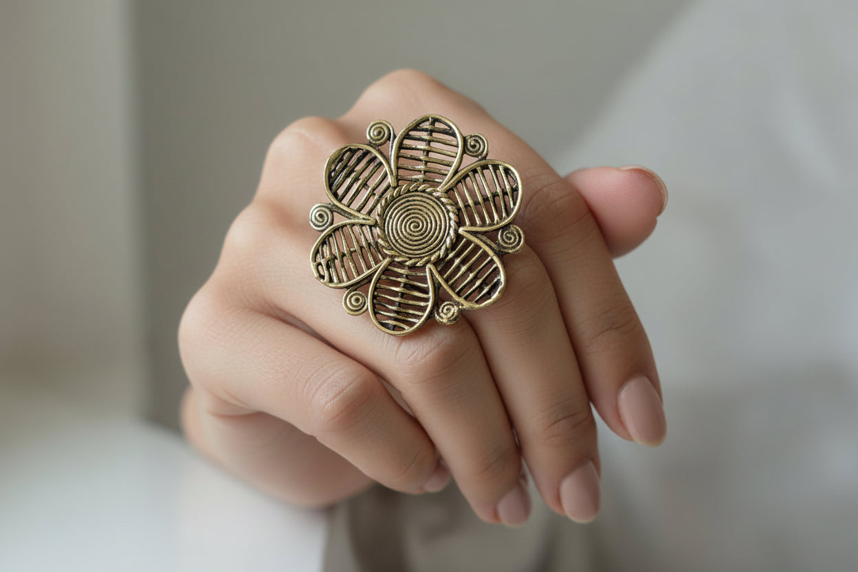 Advaita Handicrafts Intricate  Brass Floral Dhokra Style Statement Ring