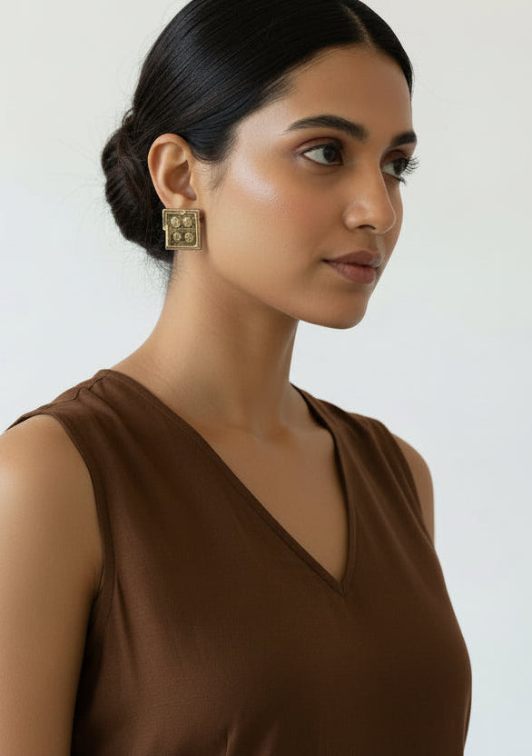 Advaita Handicrafts Antique  Brass Square Stud Earrings