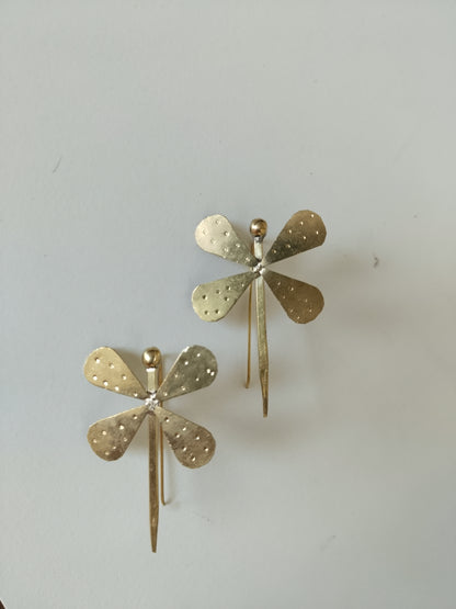 Golden Butterfly Flower Drop Earrings – Handcrafted Brass Dangle