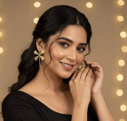 Golden Butterfly Flower Drop Earrings – Handcrafted Brass Dangle
