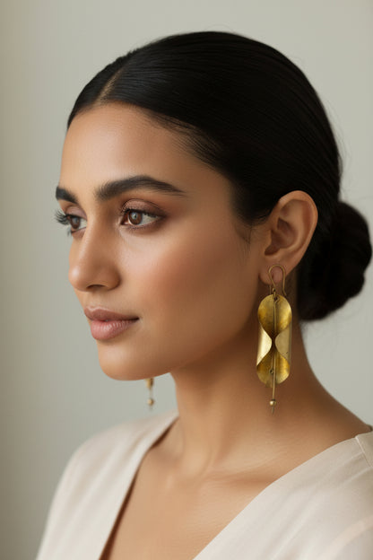 Modern Brass Drop Earrings – Curved Leaf Dangle