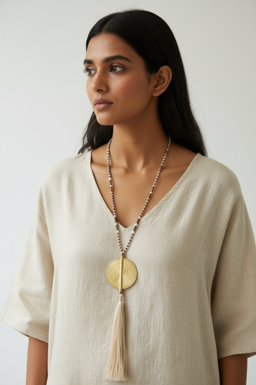 Off-White Tassel and Bead Necklace with Brass Large Disc Pendant
