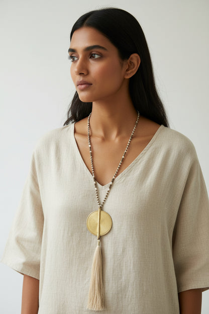 Off-White Tassel and Bead Necklace with Brass Large Disc Pendant