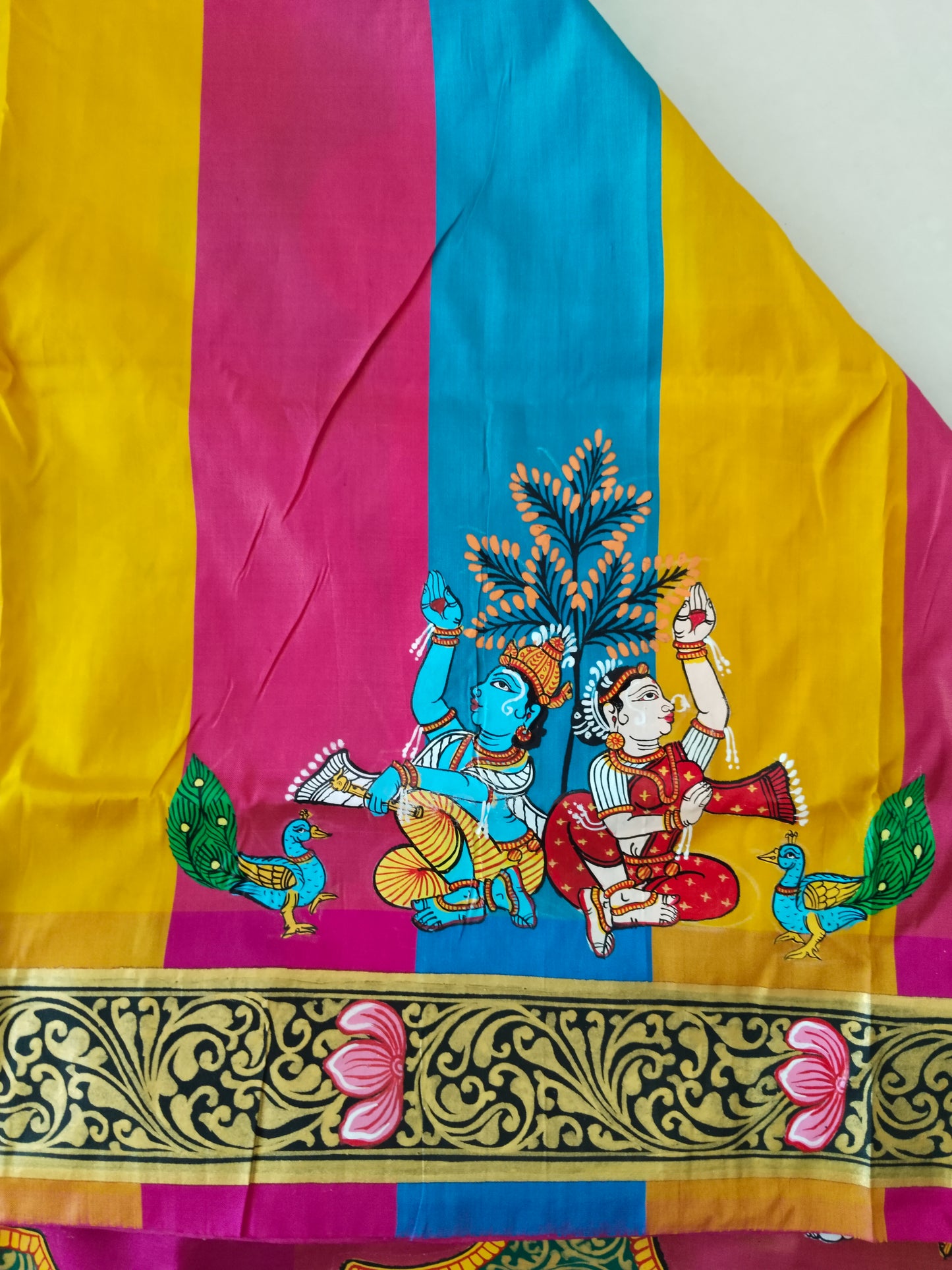 Divine Dashavatara-Anant Shayan Patachitra Artwork 3D Katan Mulberry Silk Saree