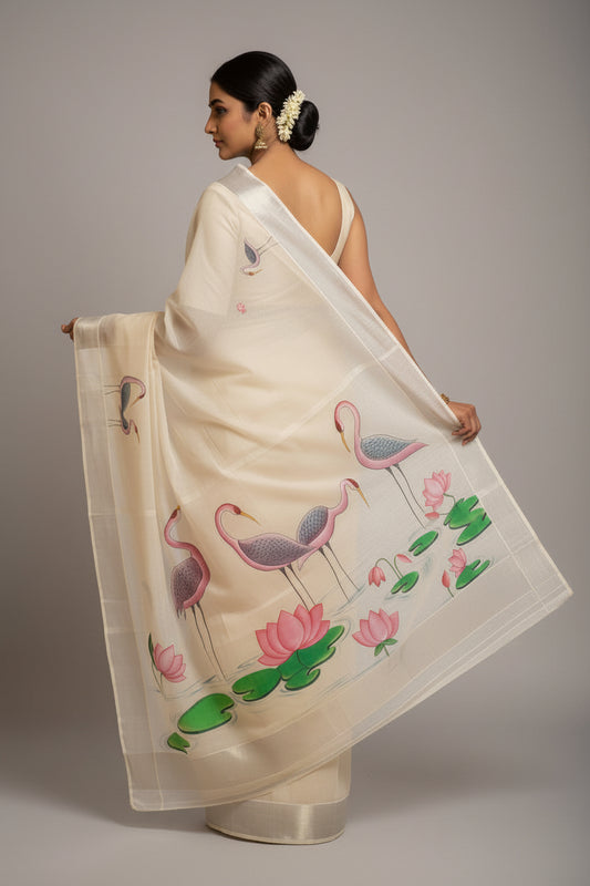Flamingo Lotus Hand-Painted Kerala Tissue Cotton Saree – Gond Art Inspired