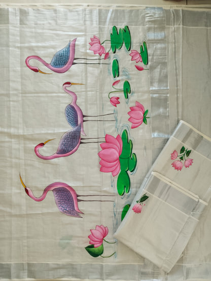 Flamingo Lotus Hand-Painted Kerala Tissue Cotton Saree – Gond Art Inspired