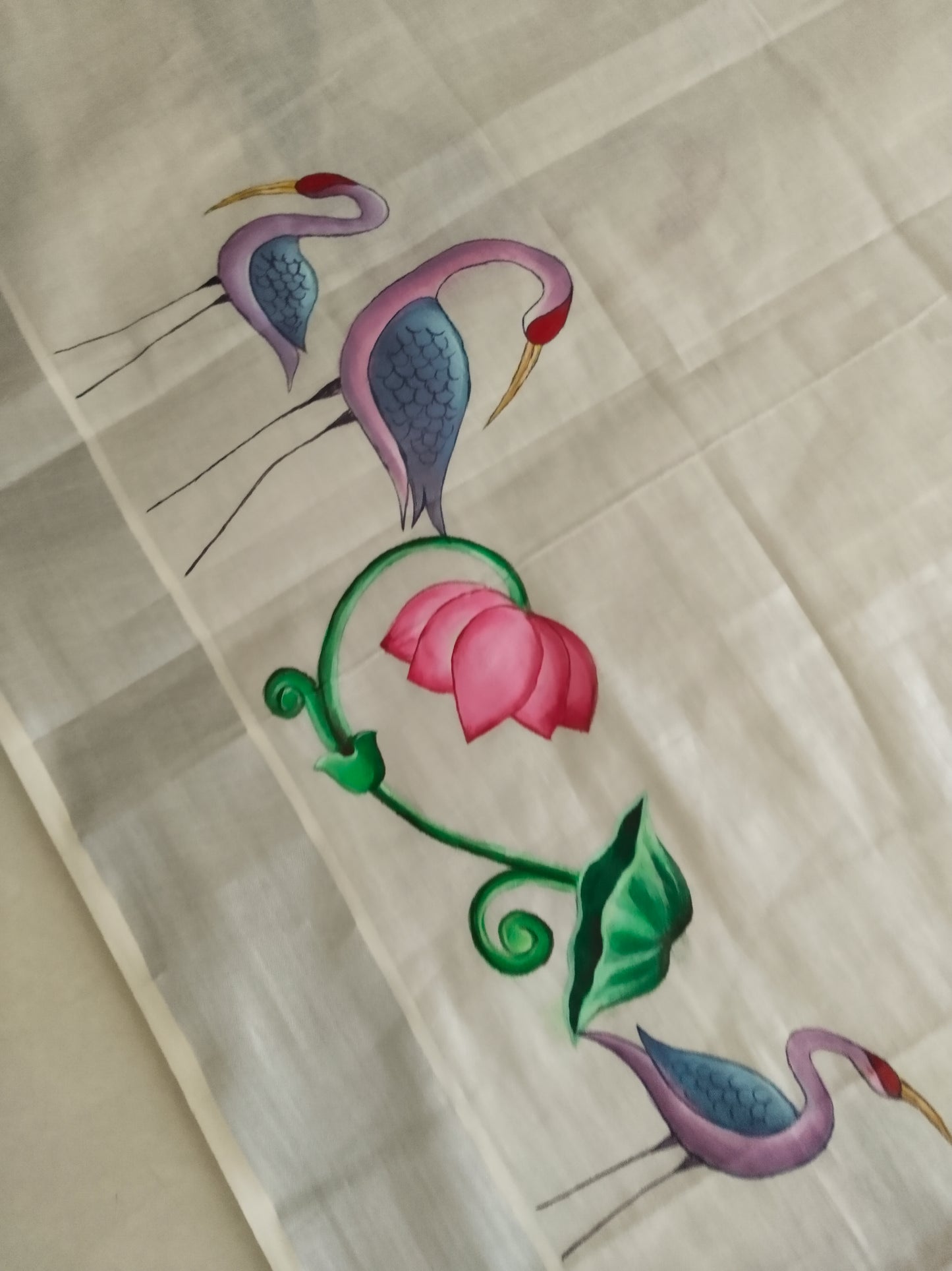 Flamingo Lotus Hand-Painted Kerala Tissue Cotton Saree – Gond Art Inspired