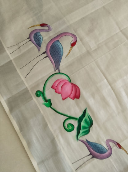 Flamingo Lotus Hand-Painted Kerala Tissue Cotton Saree – Gond Art Inspired
