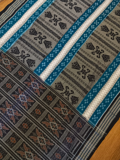 Handwoven Cotton Ikkat Saree in Blue and Black