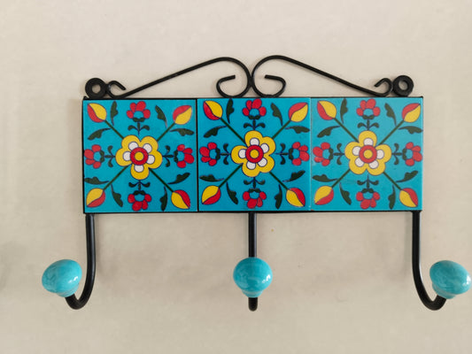 Floral Sky Blue 3-point Ceramic Hook Holder