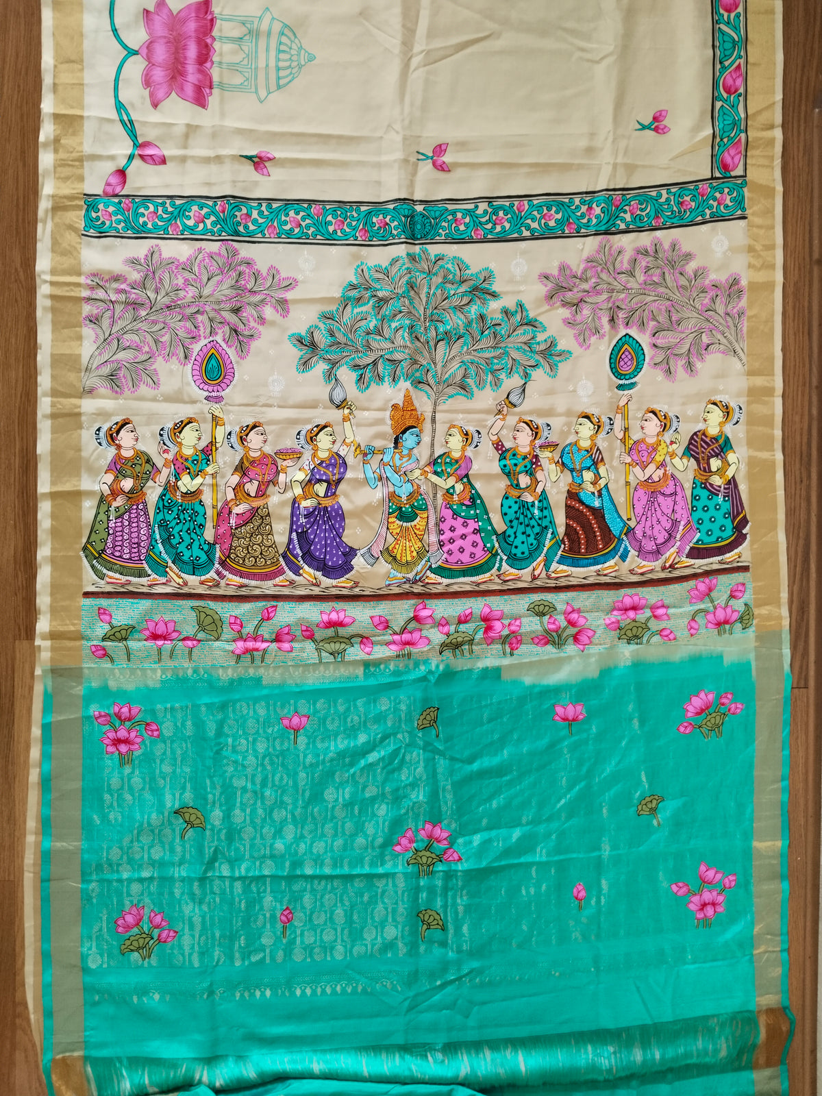 Krishna Raasleela on handloom Vegan Silk - Hand-painted Patachitra Saree with blouse