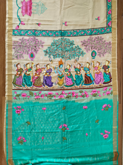 Krishna Raasleela on handloom Vegan Silk - Hand-painted Patachitra Saree with blouse