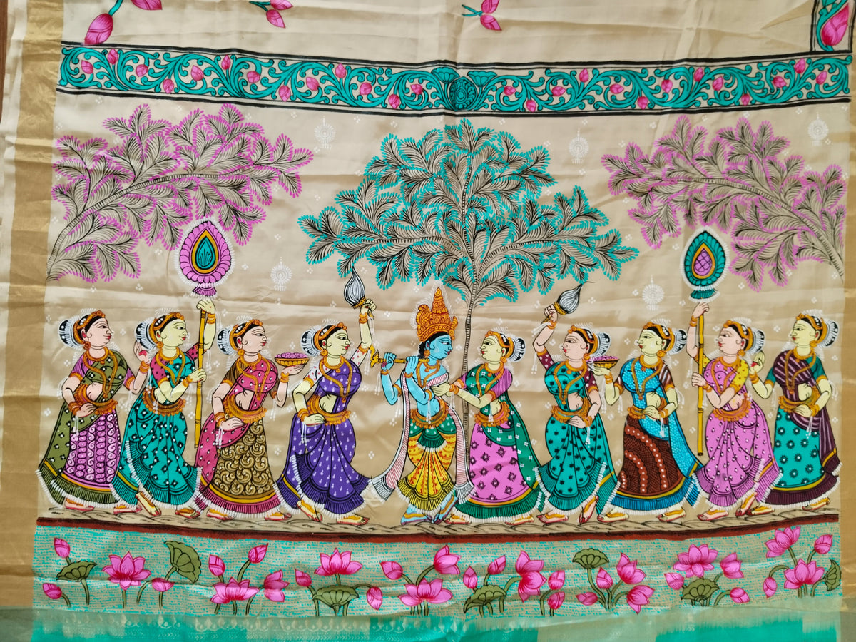 Krishna Raasleela on handloom Vegan Silk - Hand-painted Patachitra Saree with blouse