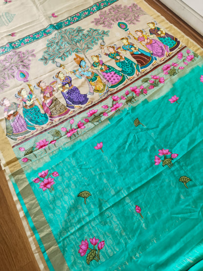 Krishna Raasleela on handloom Vegan Silk - Hand-painted Patachitra Saree with blouse