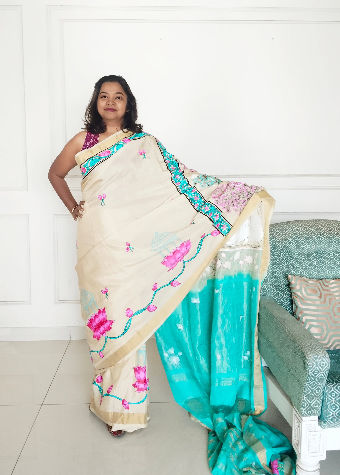 Krishna Raasleela on handloom Vegan Silk - Hand-painted Patachitra Saree with blouse
