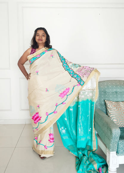 Krishna Raasleela on handloom Vegan Silk - Hand-painted Patachitra Saree with blouse