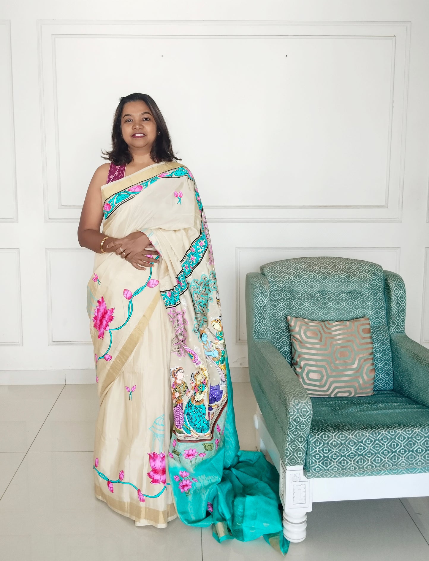 Krishna Raasleela on handloom Vegan Silk - Hand-painted Patachitra Saree with blouse