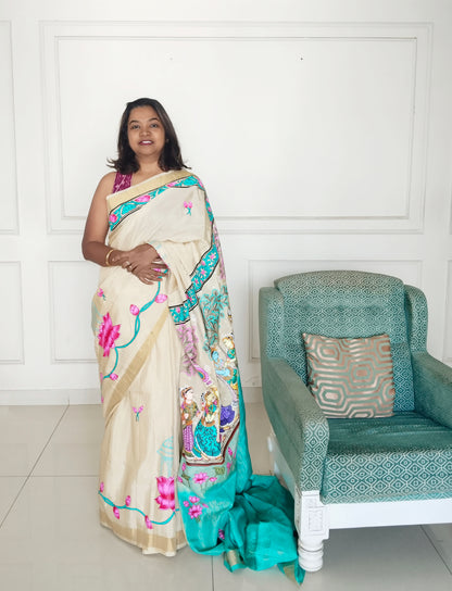 Krishna Raasleela on handloom Vegan Silk - Hand-painted Patachitra Saree with blouse