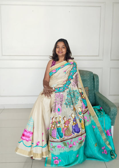 Krishna Raasleela on handloom Vegan Silk - Hand-painted Patachitra Saree with blouse