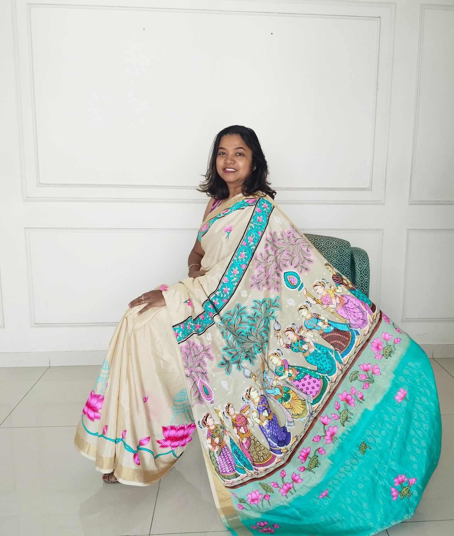 Krishna Raasleela on handloom Vegan Silk - Hand-painted Patachitra Saree with blouse