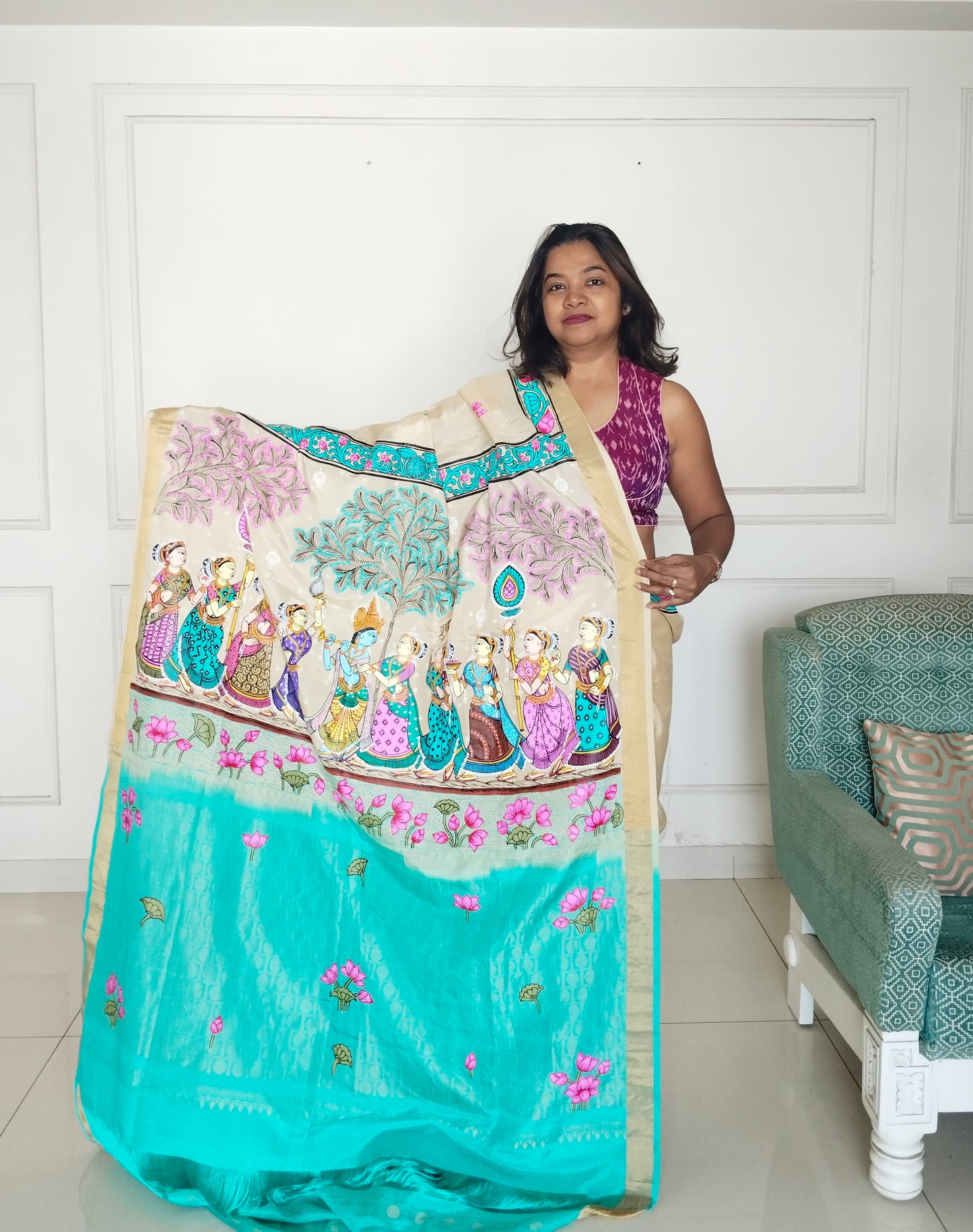 Krishna Raasleela on handloom Vegan Silk - Hand-painted Patachitra Saree with blouse
