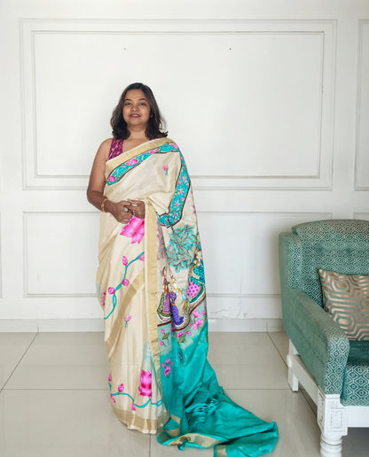 Krishna Raasleela on handloom Vegan Silk - Hand-painted Patachitra Saree with blouse