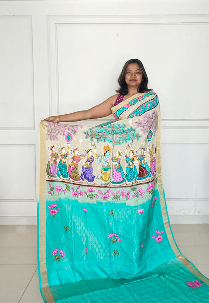 Krishna Raasleela on handloom Vegan Silk - Hand-painted Patachitra Saree with blouse