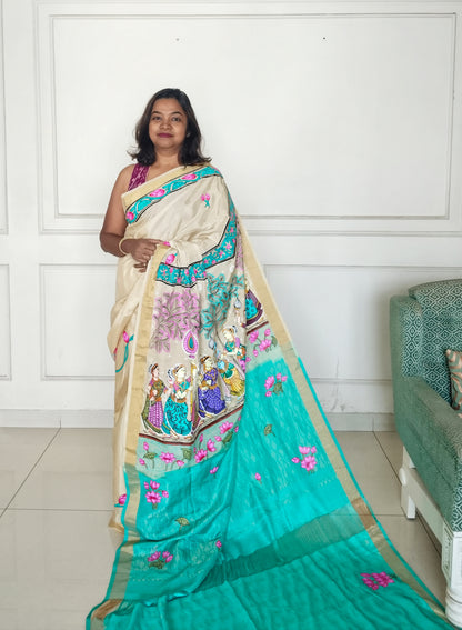 Krishna Raasleela on handloom Vegan Silk - Hand-painted Patachitra Saree with blouse