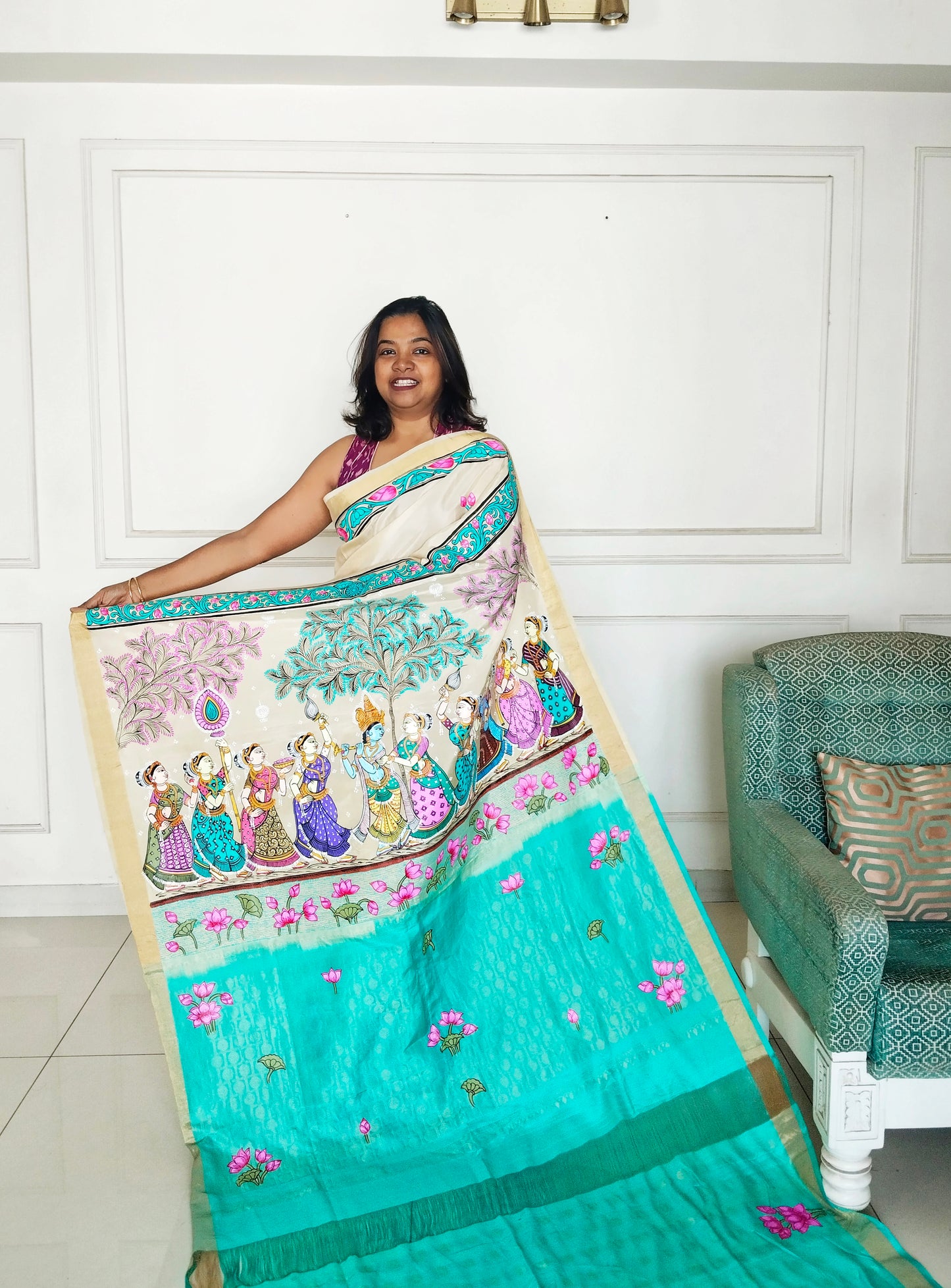 Krishna Raasleela on handloom Vegan Silk - Hand-painted Patachitra Saree with blouse