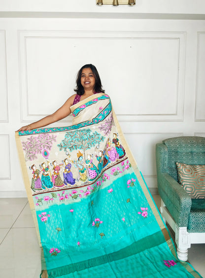 Krishna Raasleela on handloom Vegan Silk - Hand-painted Patachitra Saree with blouse