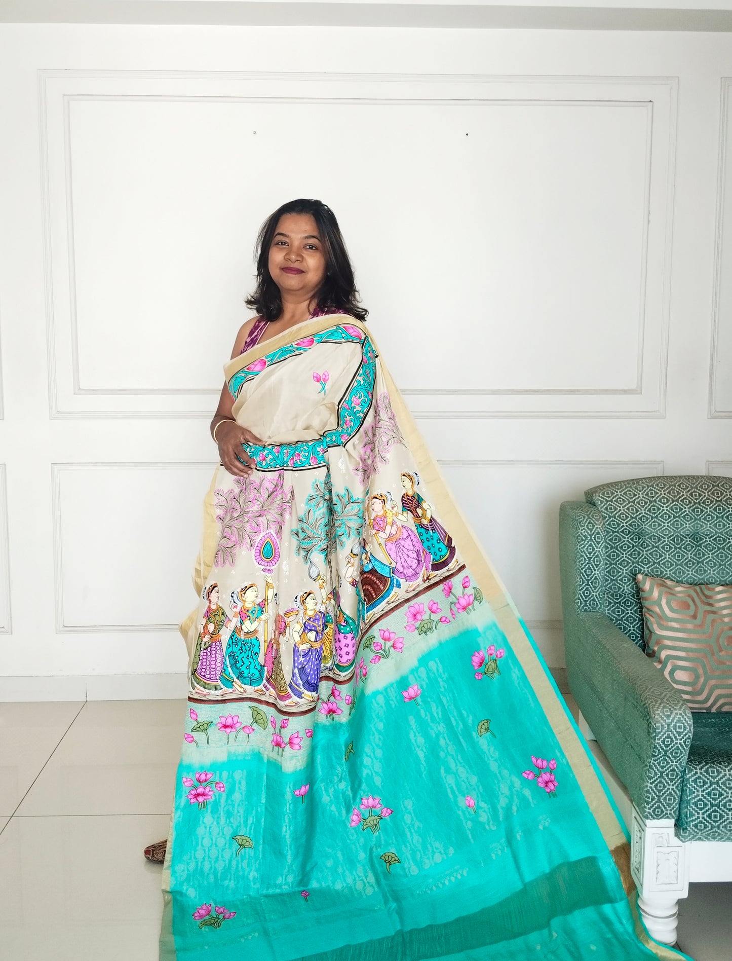 Krishna Raasleela on handloom Vegan Silk - Hand-painted Patachitra Saree with blouse